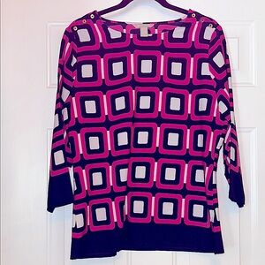 Banana Republic Women’s Geometric Window Pane Blouse LG Blue Pink Career